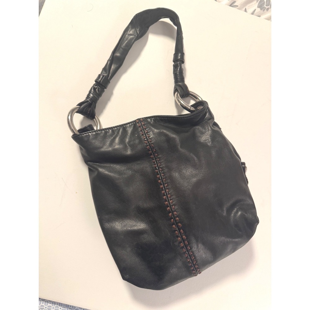 B. Makowsky Y2K Black Leather‎ Hobo Bag Brown Whipstitch Silver Ring Hardware